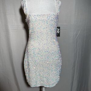 NWT Jump Apparel White Sequin Mini Dress Medium Iridescent Party Prom Dance